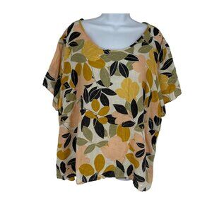 Rachel Zoe Floral Leaf Print Linen Top Blouse Short Sleeves Scoop Neck Size 3X